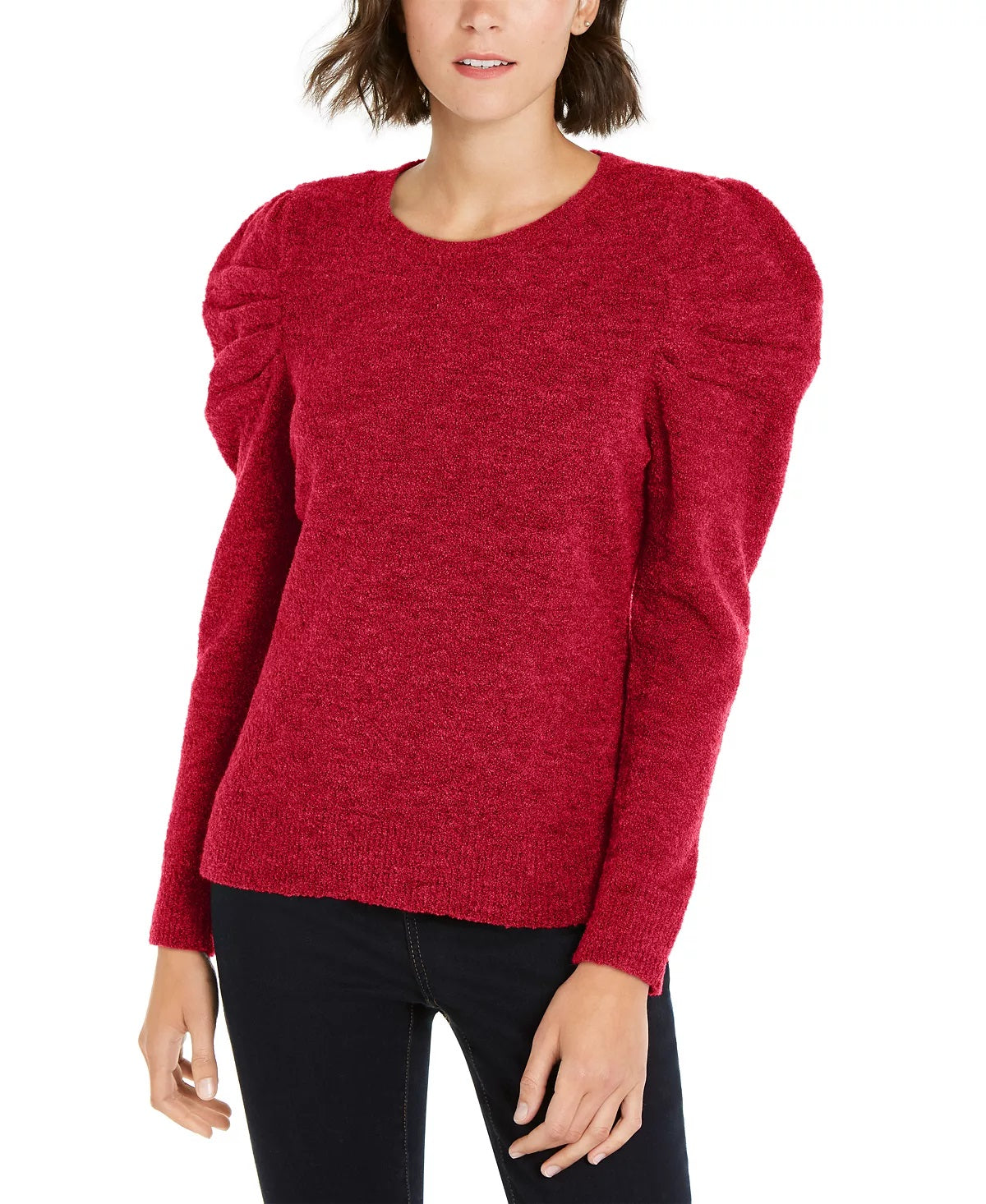 INC International Concepts Women's Pouf Jewel Neck Sweater Red Size Petite Large