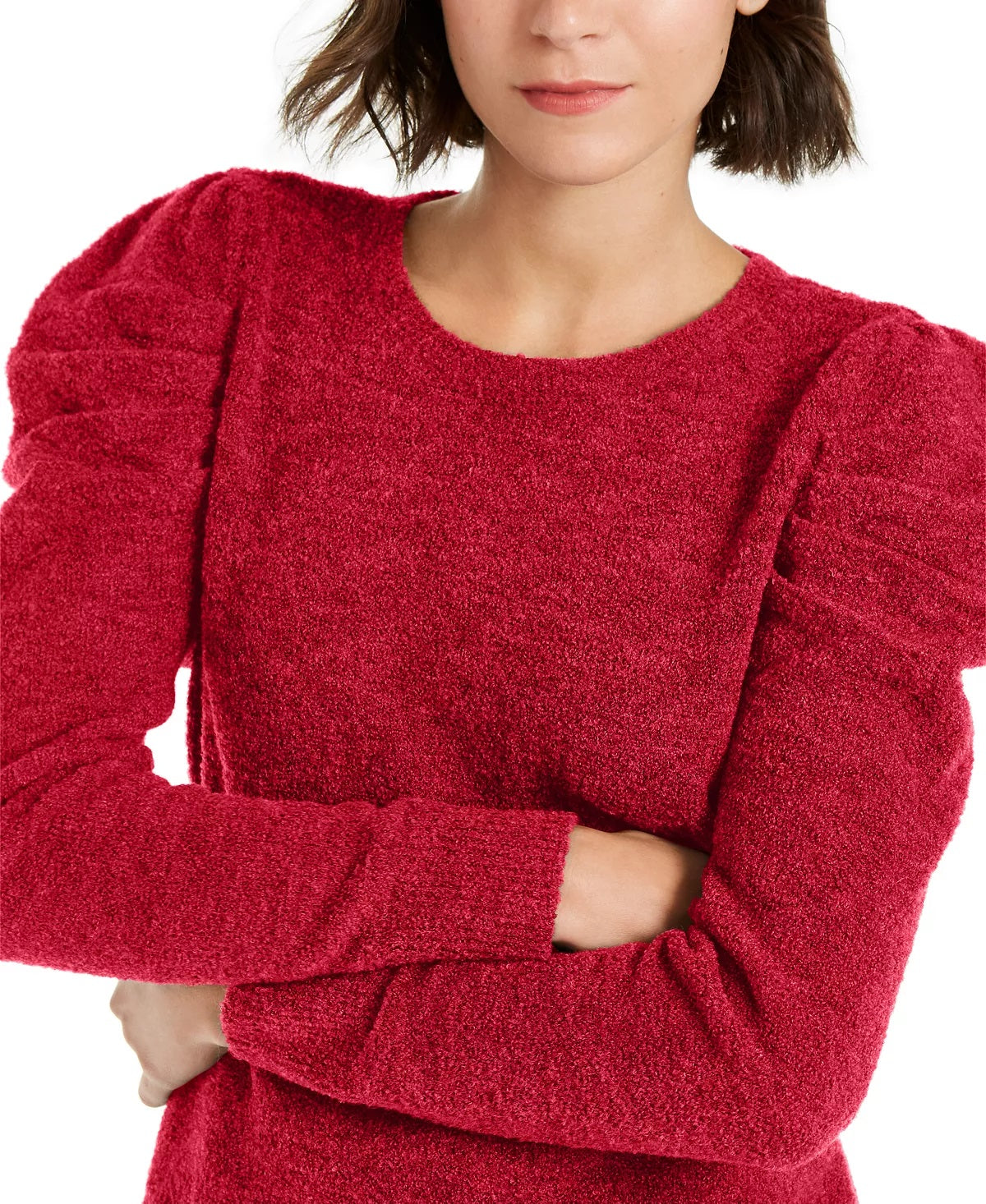 INC International Concepts Women's Pouf Jewel Neck Sweater Red Size Petite Large