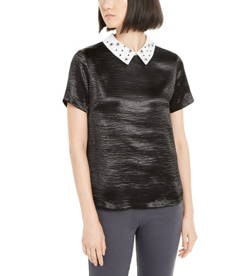 Monteau Women's Petite Rhinestone Collar Top Black Size Petite Large