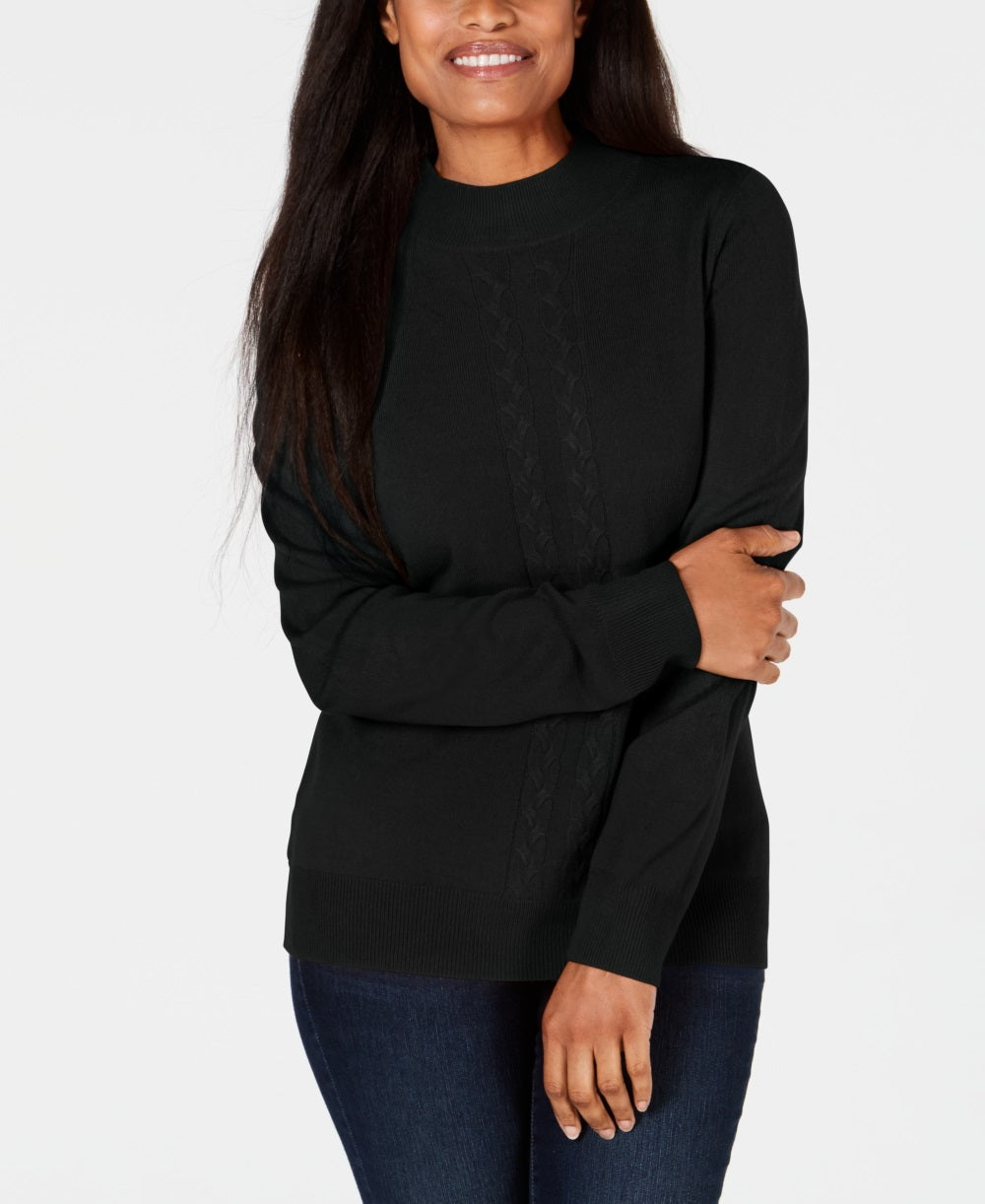 Karen Scott Women's Petite Cable Knit Crewneck Sweater Black Size Petite Small