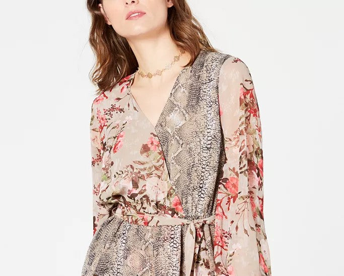 INC International Concepts Women's Petite Printed Peplum Wrap Blouse Gold Size -Petite L