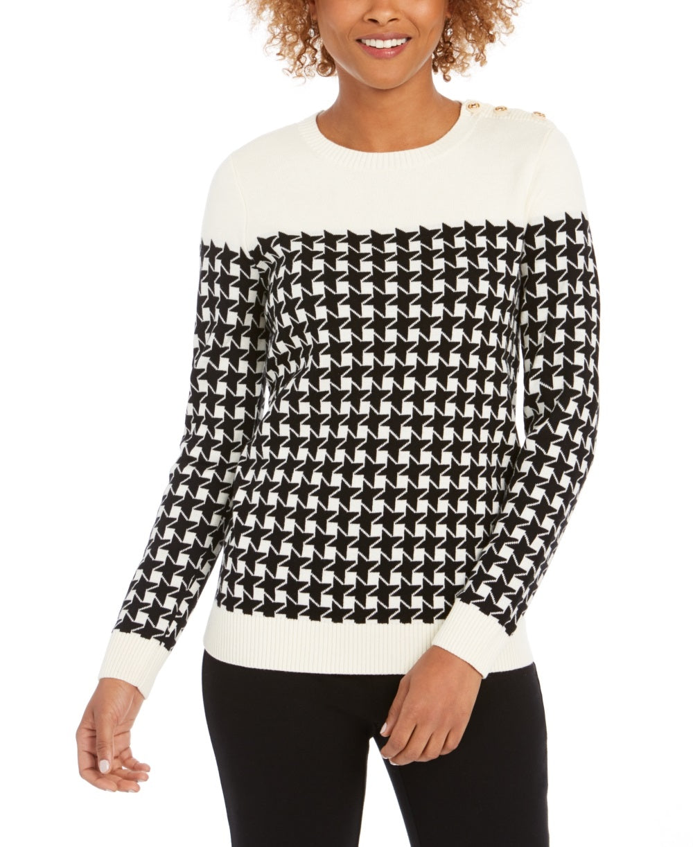 Charter Club Women's Houndstooth Colorblocked Crewneck Sweater Black Size Medium