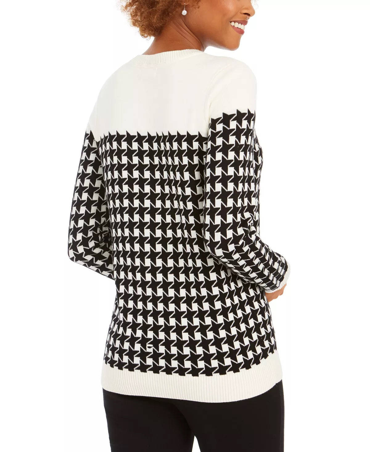 Charter Club Women's Houndstooth Colorblocked Crewneck Sweater Black Size Medium