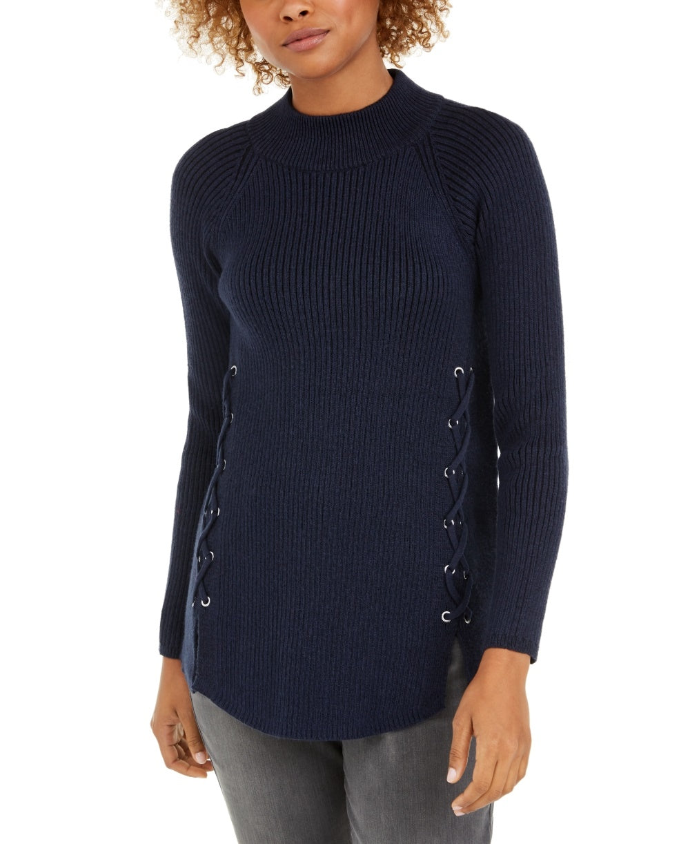 Style & Co Women's Mock Neck Lace Up Ribbed Knit Sweater Blue Size Large