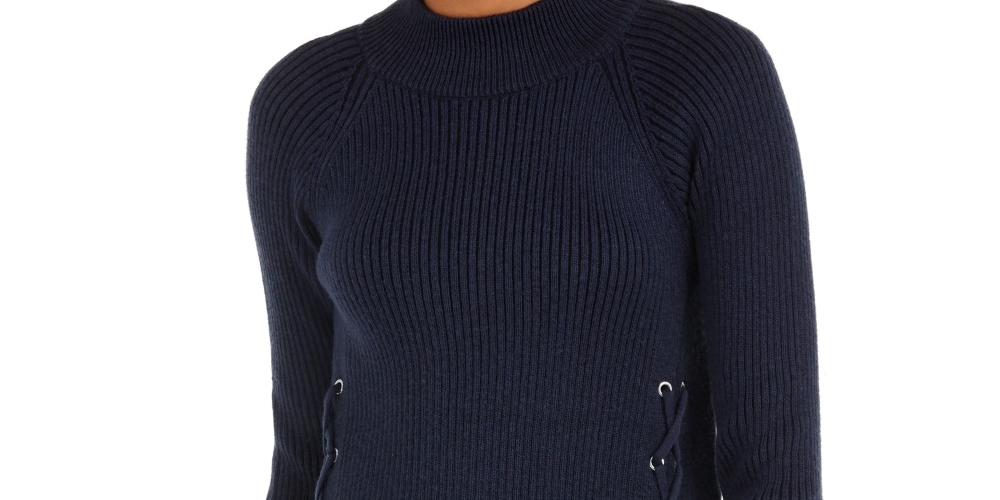 Style & Co Women's Mock Neck Lace Up Ribbed Knit Sweater Blue Size Large