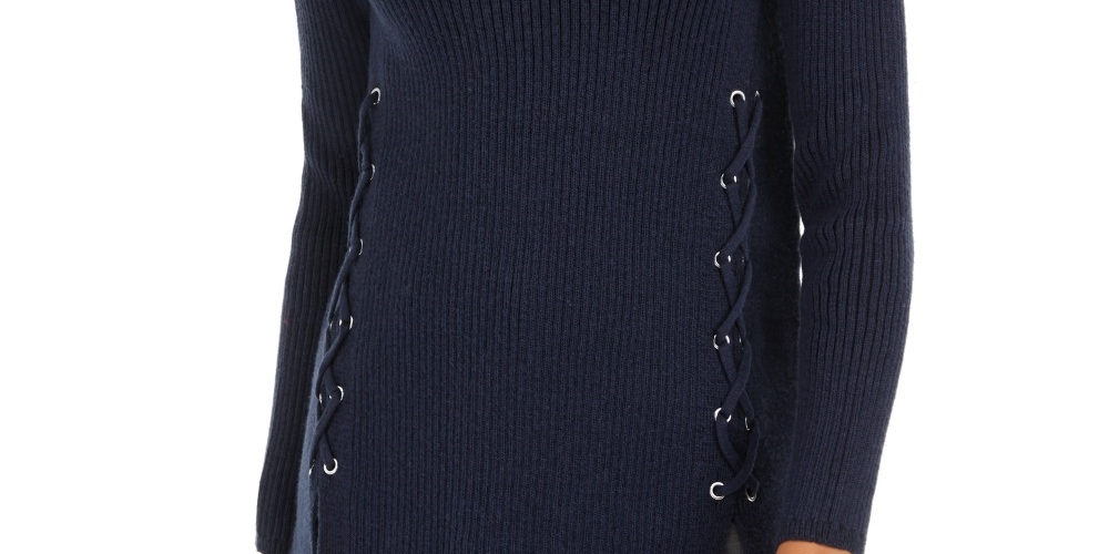 Style & Co Women's Mock Neck Lace Up Ribbed Knit Sweater Blue Size Large