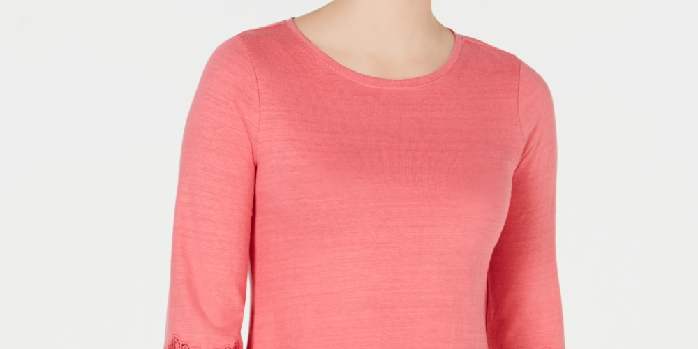 Charter Club Women's Petite Cotton Lace-Trim Top Pink PS