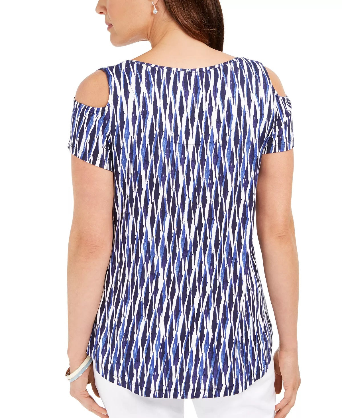 JM Collection Women's Cold Shoulder Printed Top Blue Size Small