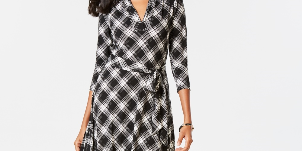 Charter Club Women's Plaid V-Neck Dress Black Size X-Large