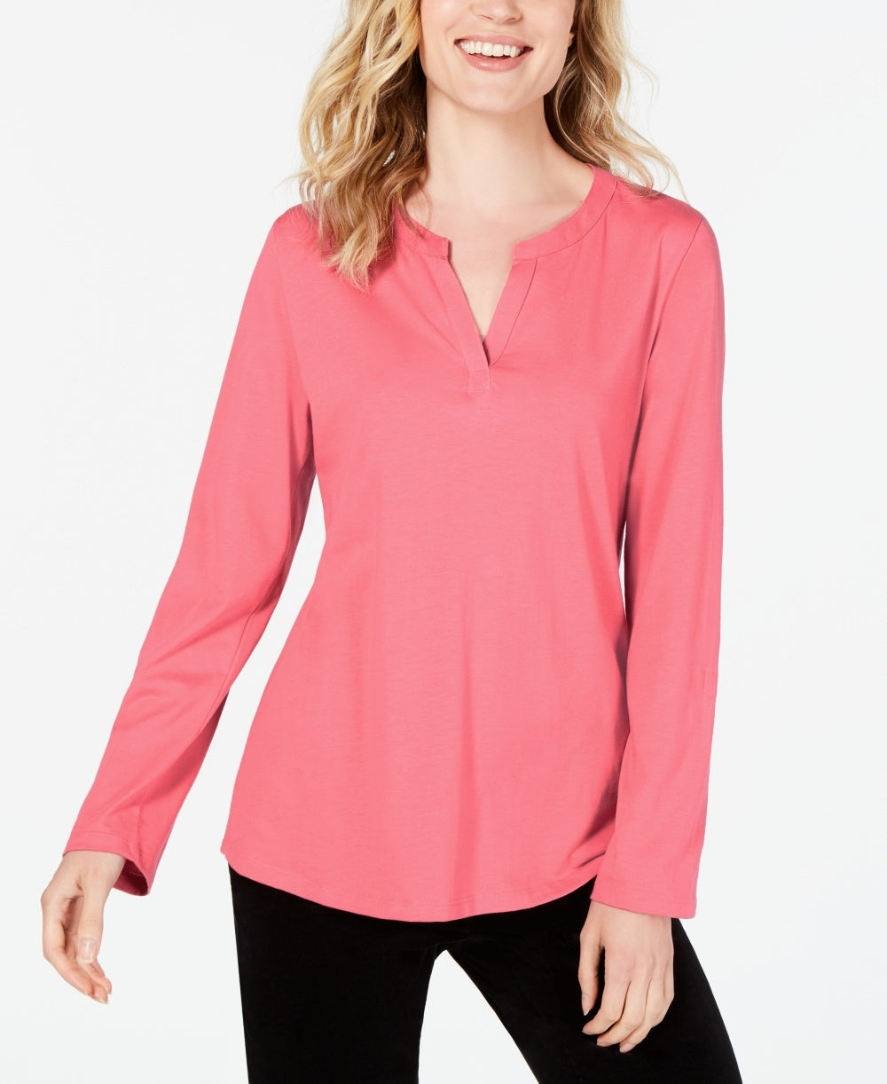 Charter Club Women's Supima Cotton Split Neck Top Pink Size XX-Large