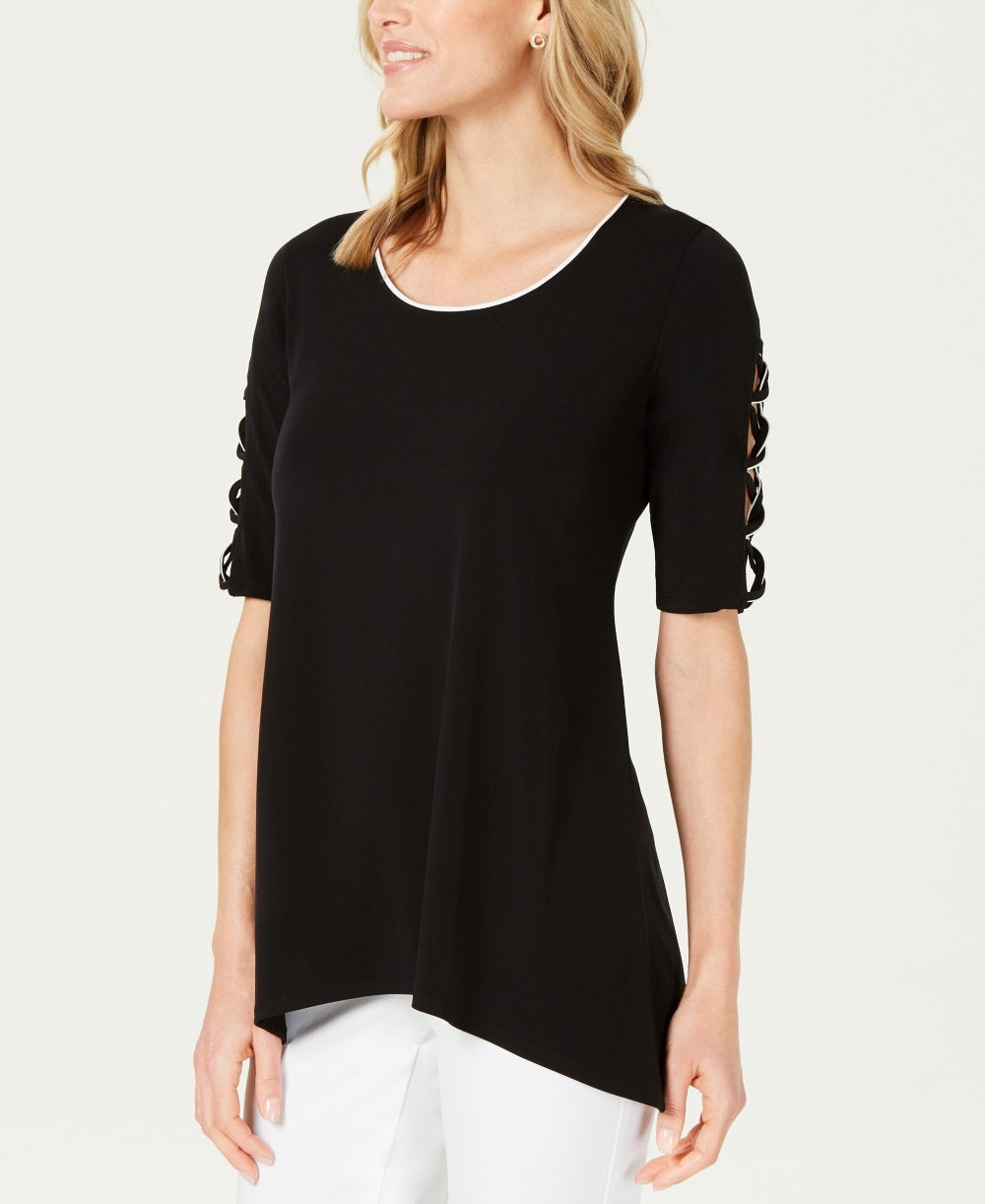 JM Collection Women's Piped Open Sleeve Top Black Size Medium