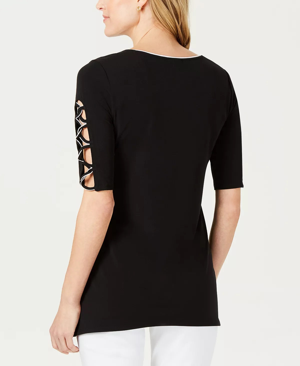 JM Collection Women's Piped Open Sleeve Top Black Size Medium