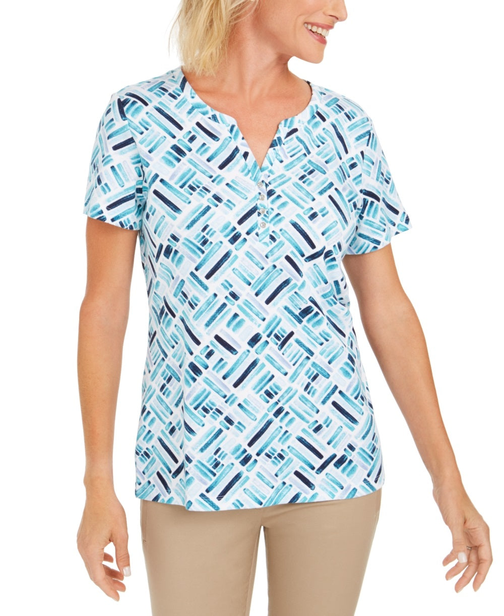 Karen Scott Women's Printed Short Sleeve Henley Top Blue Size X-Smal
