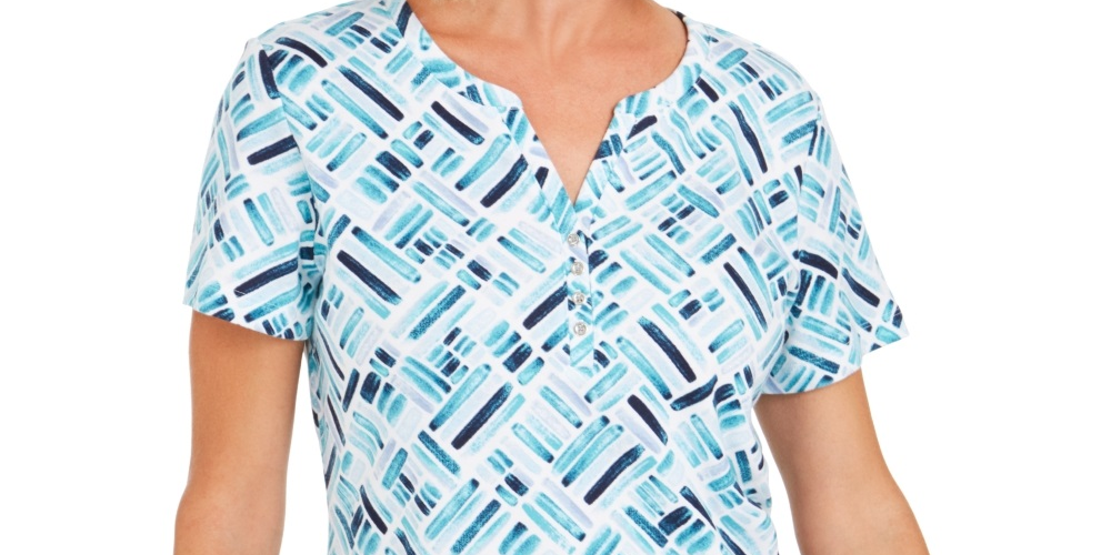 Karen Scott Women's Printed Short Sleeve Henley Top Blue Size X-Smal