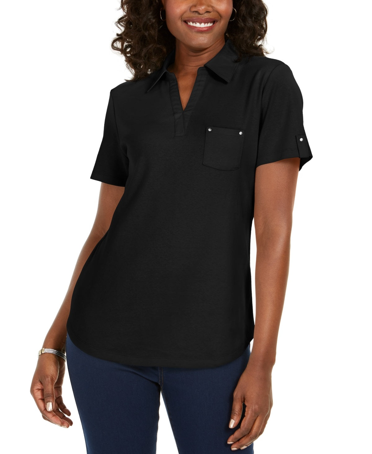 Karen Scott Women's Cotton Polo Shirt Black Size Small
