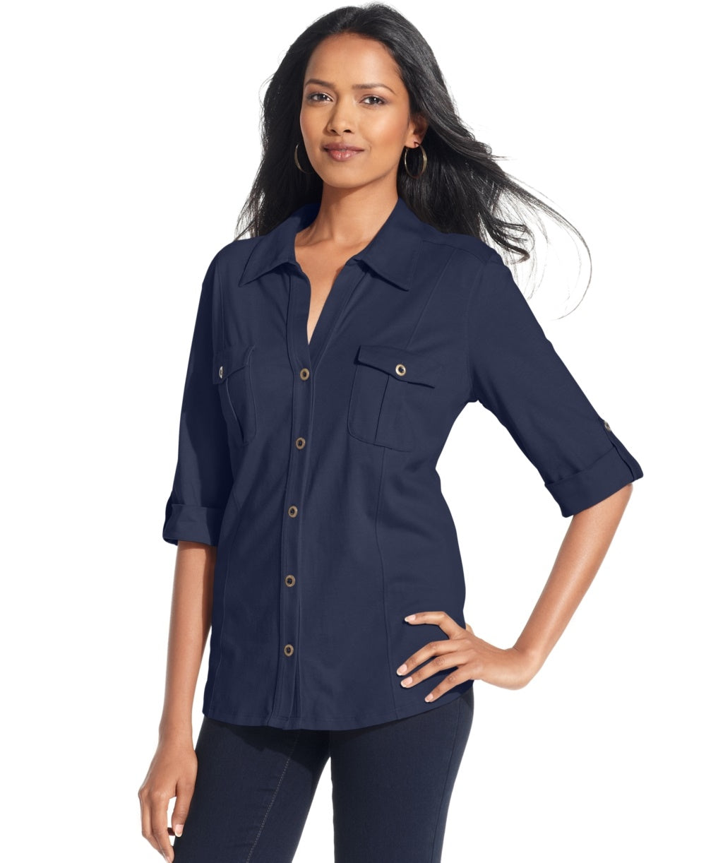 Style & Co Women's Jersey Utility Shirt Blue Size PM