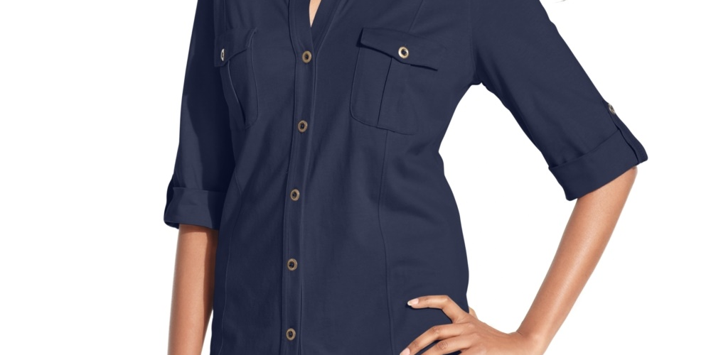 Style & Co Women's Jersey Utility Shirt Blue Size PM
