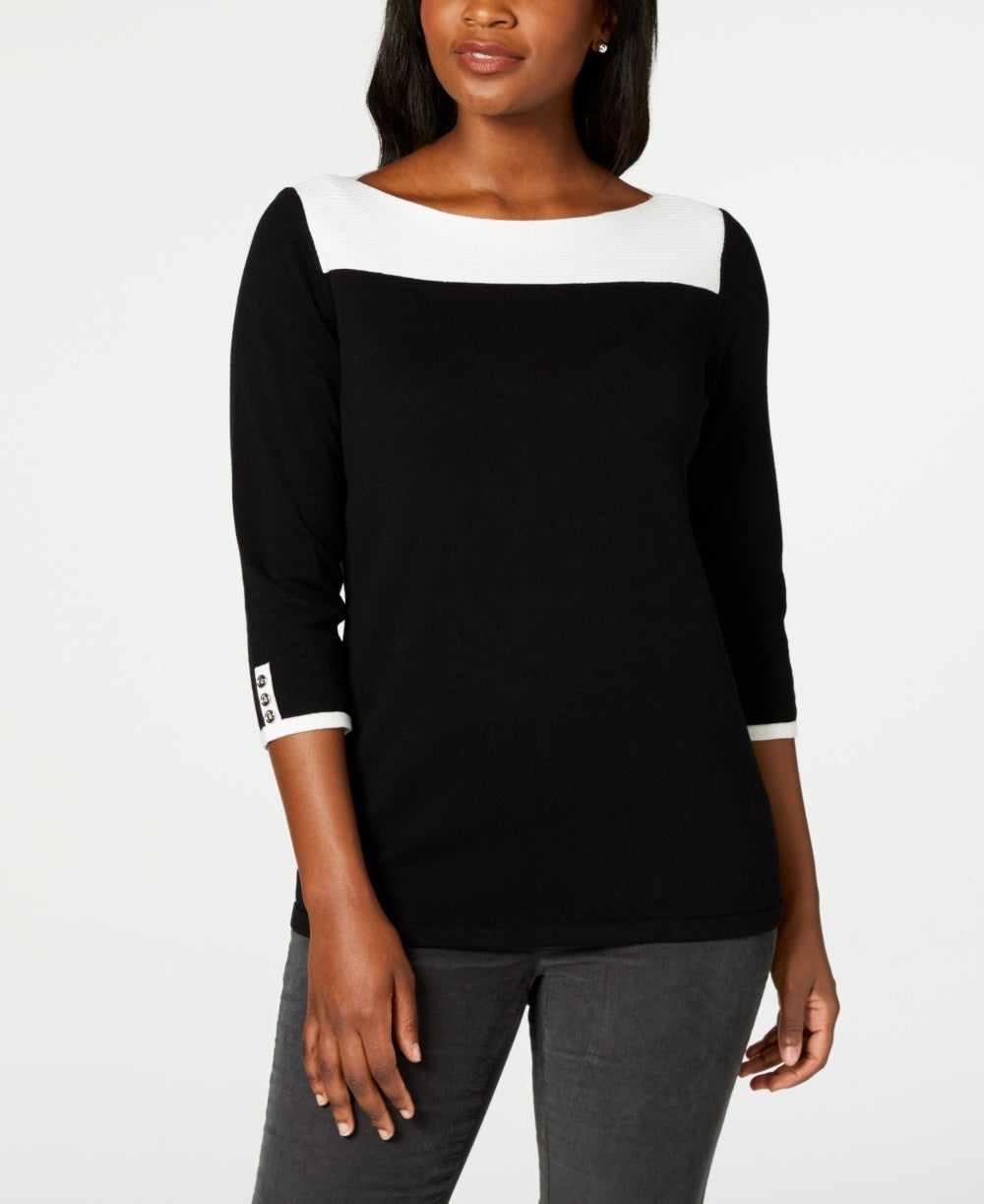 Karen Scott Women's Cotton Colorblocked Sweater Black Size X-Small
