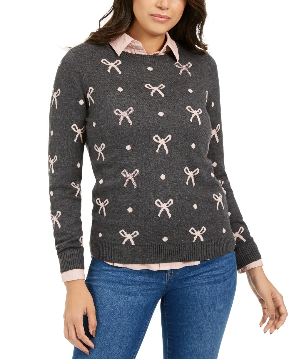 Charter Club Women's Reese Beaded-Bow Dotted Sweater Gray Size X-Large