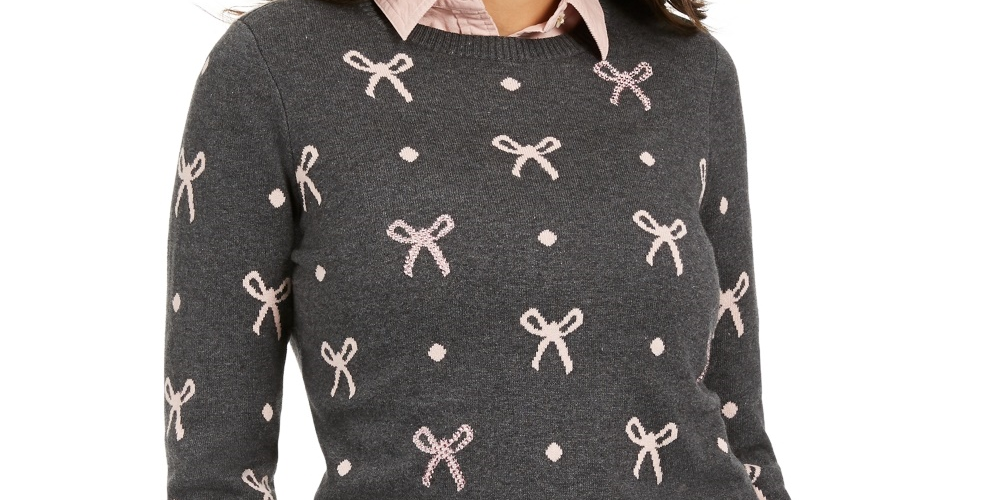 Charter Club Women's Reese Beaded-Bow Dotted Sweater Gray Size X-Large