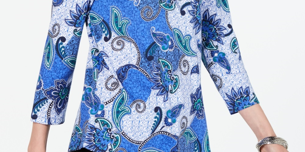 Charter Club Women's Printed Cotton 3/4 Sleeve Top Blue Size X-Small
