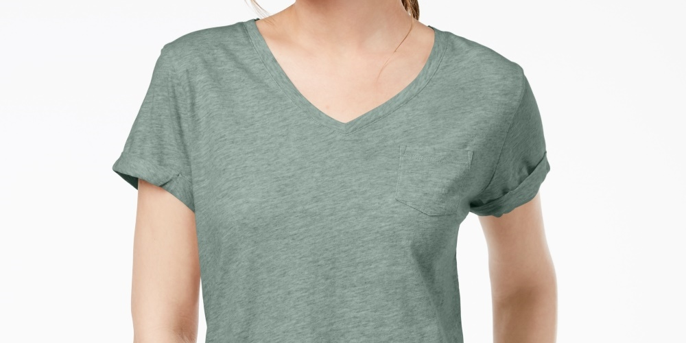 Style & Co Women's Petite V-Neck Pocket T-Shirt   Green Size PP