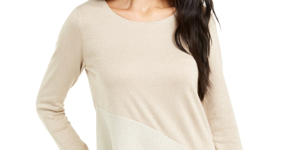 Alfani Women's Colorblocked Asymmetrical Sweater Beige Size Petite Small