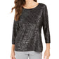 JM Collection Women's Stud Trim Matte Foil Top Black Size Small