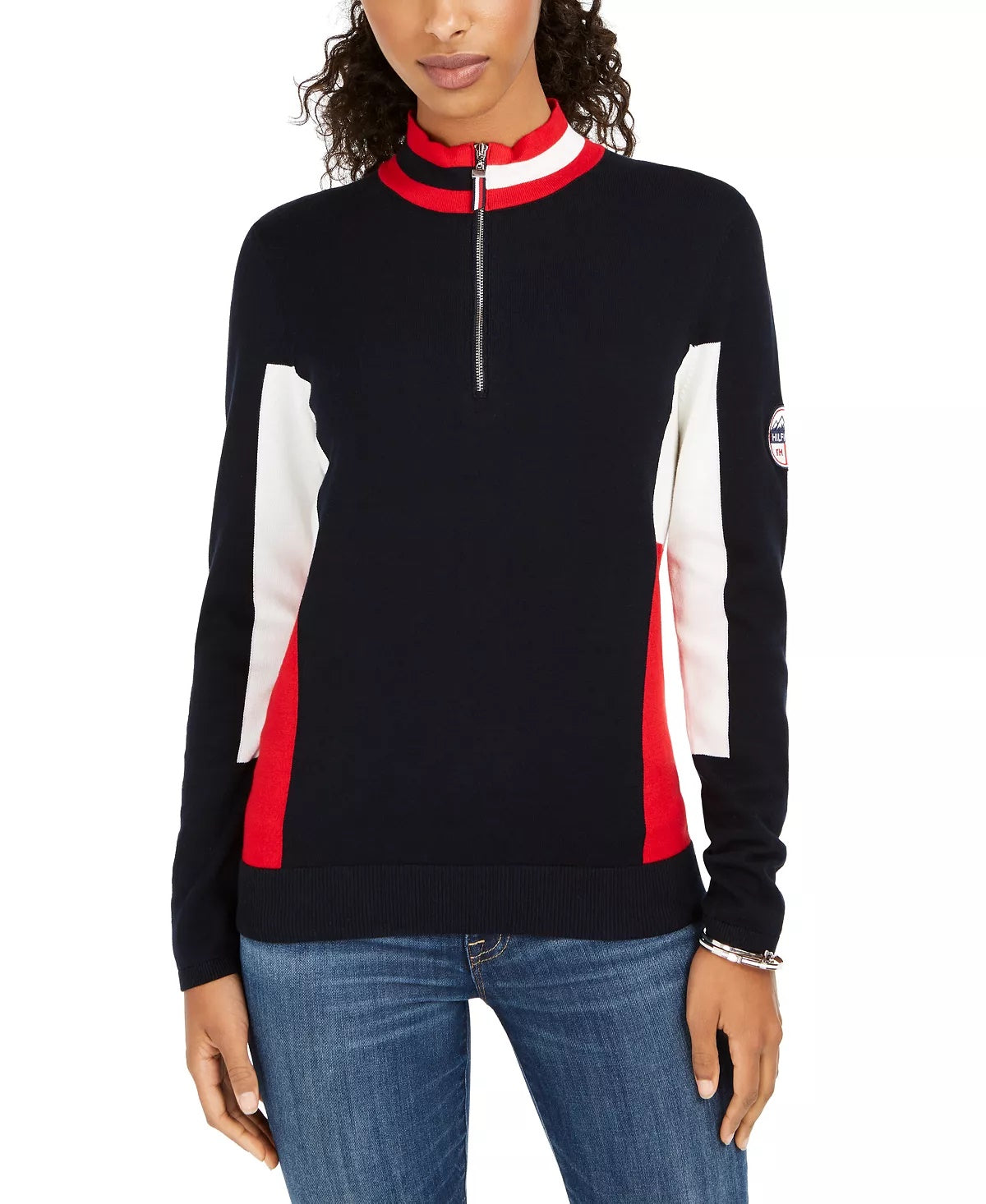 Tommy Hilfiger Women's Cotton Mock-Neck Flag Sweater Blue Size X-Small