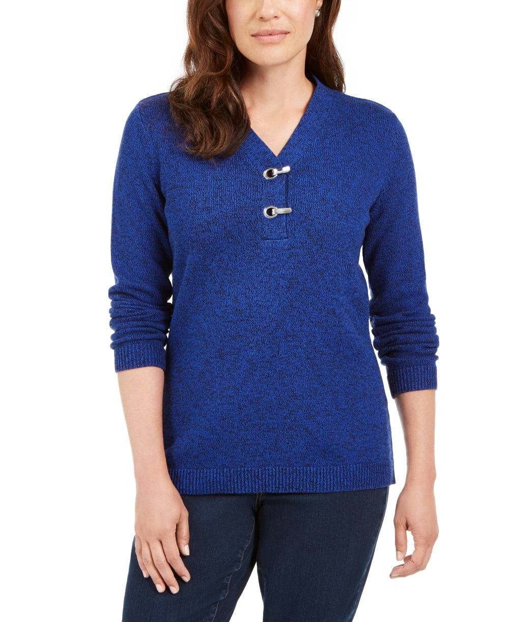 Karen Scott Women's Petite Hardware-Trim Cotton Henley Sweater Blue Size PL