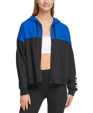 DKNY Women's Sport Colorblocked Flip Logo Zip Hoodie Blue Size XL
