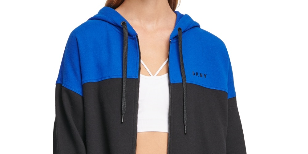 DKNY Women's Sport Colorblocked Flip Logo Zip Hoodie Blue Size XL