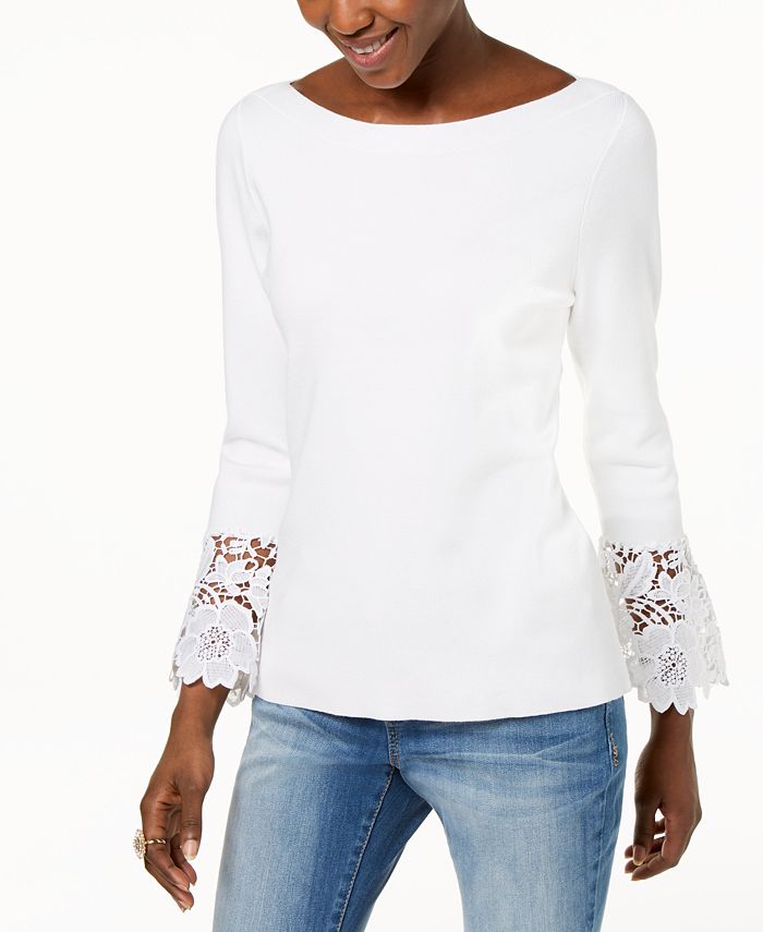 INC International Concepts Women's Lace Cuff Bell Sleeve Sweater White Size Small