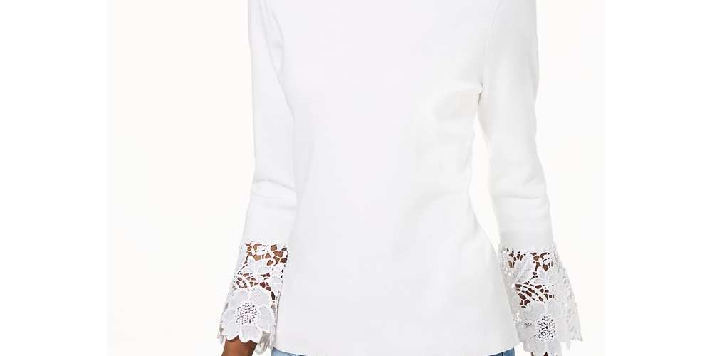 INC International Concepts Women's Lace Cuff Bell Sleeve Sweater White Size Small