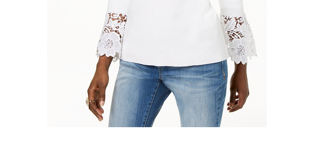 INC International Concepts Women's Lace Cuff Bell Sleeve Sweater White Size Small