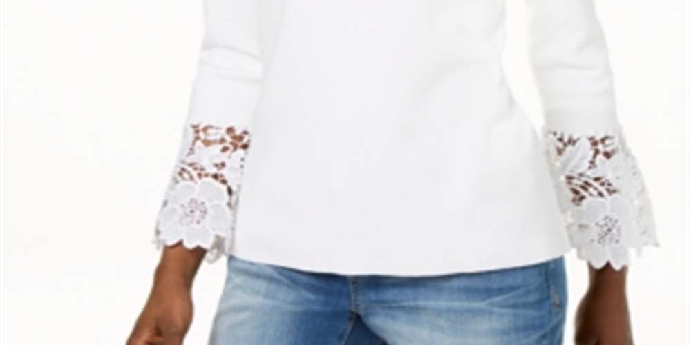 INC International Concepts Women's Lace Cuff Bell Sleeve Sweater White Size Small