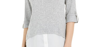 BCX Juniors' Faux-Layered Roll-Sleeve Sweater Gray Size Medium