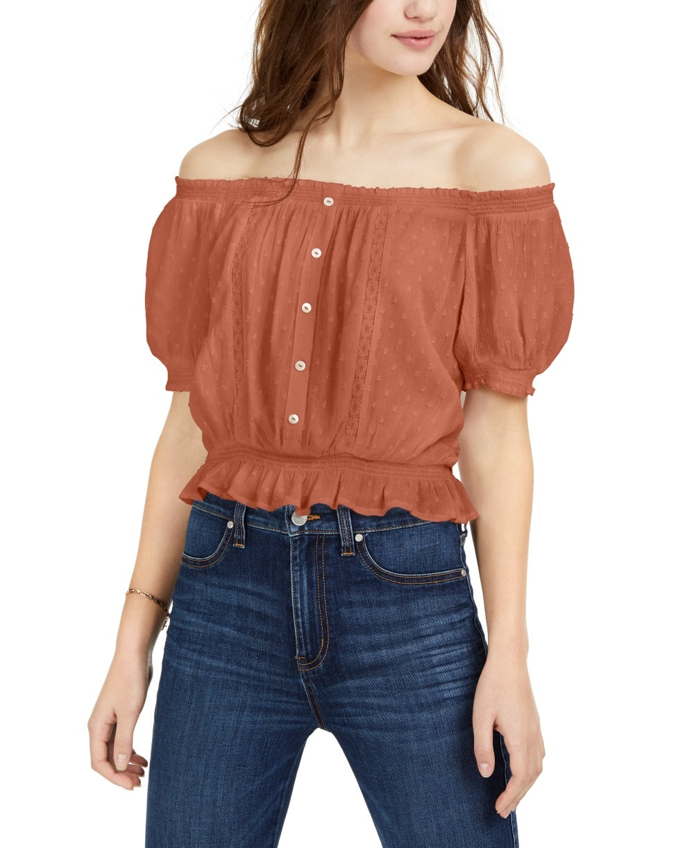 Planet Gold Junior's Textured Off The Shoulder Top Pink- Size Large