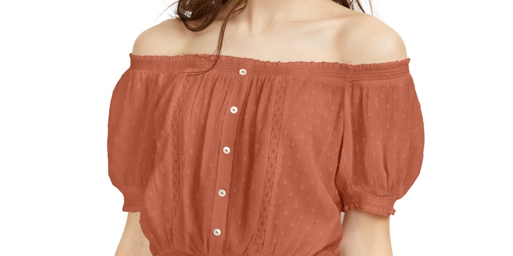 Planet Gold Junior's Textured Off The Shoulder Top Pink- Size Large