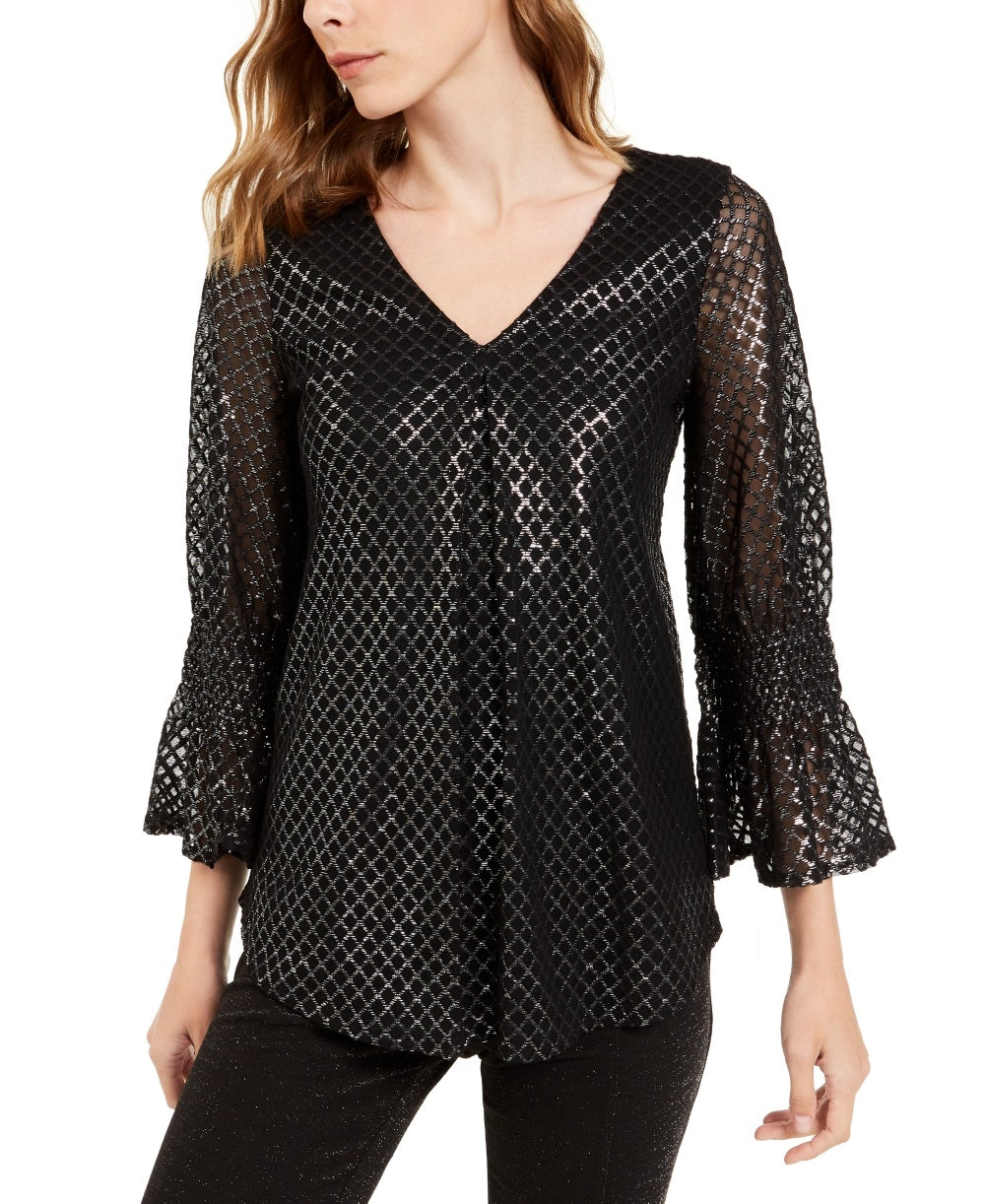 Alfani Women's Petite Metallic-Print Smocked-Sleeve Top Gray Size Small