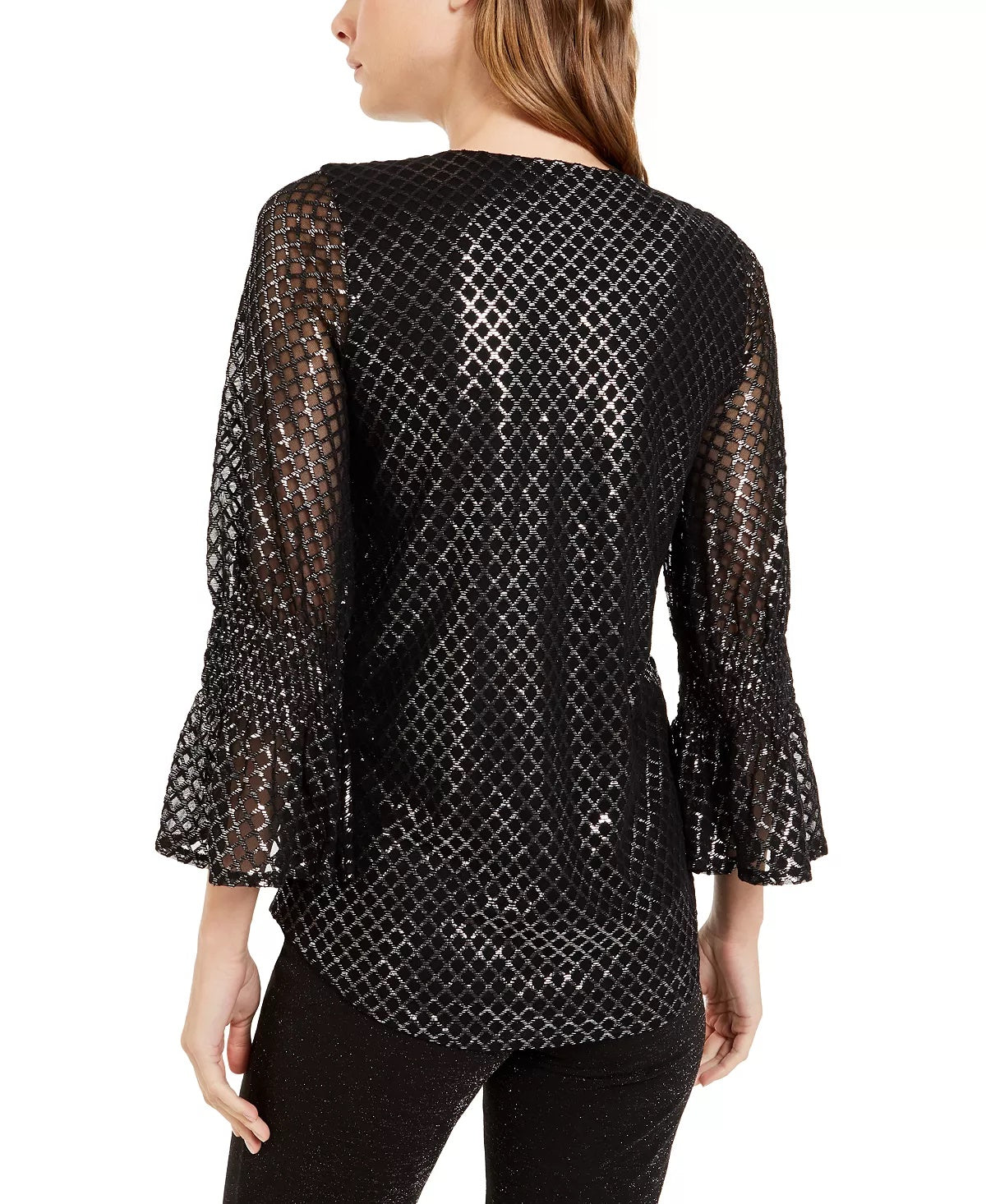 Alfani Women's Petite Metallic-Print Smocked-Sleeve Top Gray Size Small