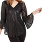 Alfani Women's Petite Metallic-Print Smocked-Sleeve Top Gray Size Small