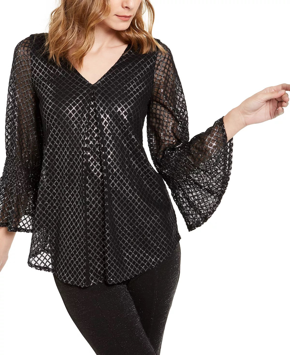 Alfani Women's Petite Metallic-Print Smocked-Sleeve Top Gray Size Small