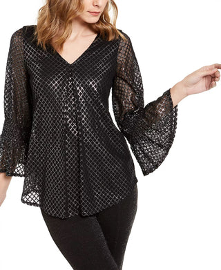 Alfani Women's Petite Metallic-Print Smocked-Sleeve Top Gray Size Small