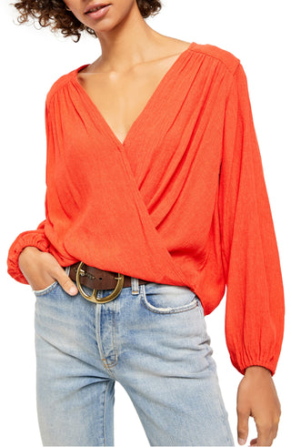 Free People Women's Check On It Faux Wrap Top Red Size Large