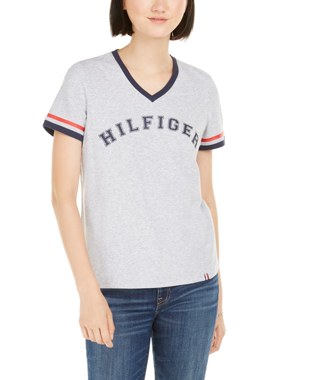 Tommy Hilfiger Women's Sport V-Neck Graphic T-Shirt Silver Size Medium