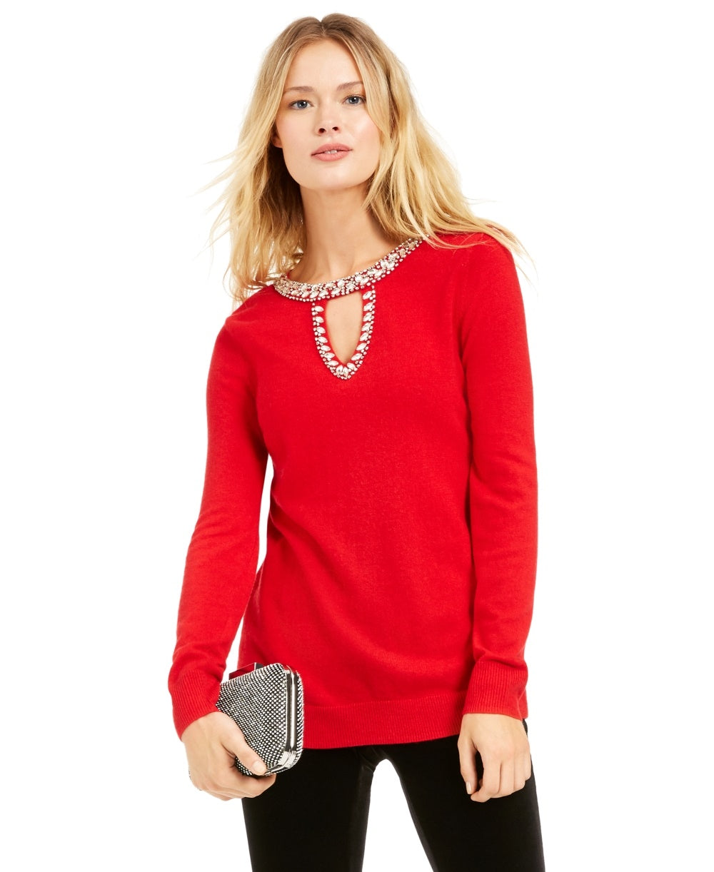 INC International Concepts Women's Petite Embellished Keyhole Sweater Red PS