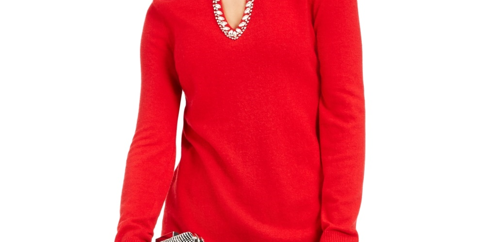 INC International Concepts Women's Petite Embellished Keyhole Sweater Red PS