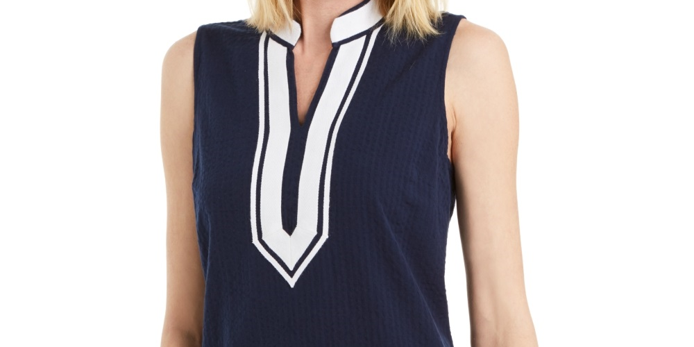 Charter Club Women's Seersucker Woven Tunic Top Blue Size X-Small