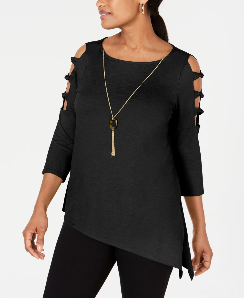 JM Collection Women's Asymmetrical Hem Ladder Sleeve Top Black Size Small